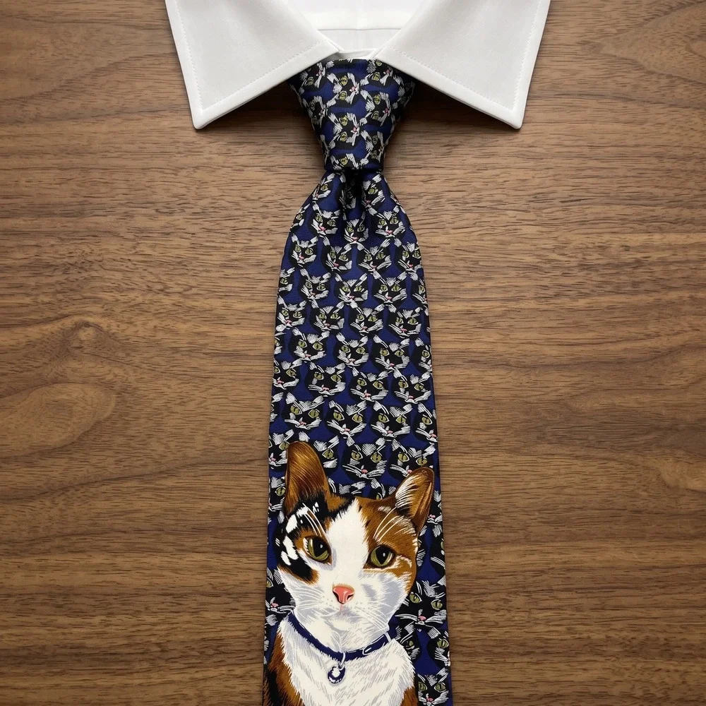 Vintage HSUS Humane Society Cat Portrait Silk Tie Calico Novelty Men Necktie USA